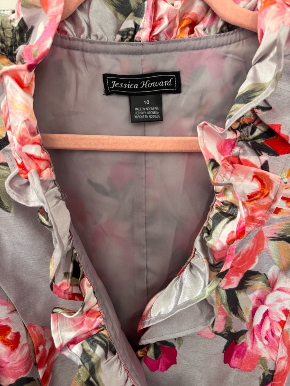 Jessica Howard Gray Floral Ruffle Wrap Midi Dress with Pink Blooms - Picture 3 of 6